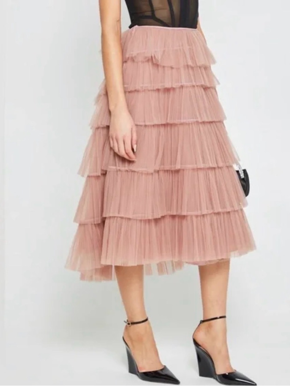 Layered Tulle Midi Skirt in Blush Pink